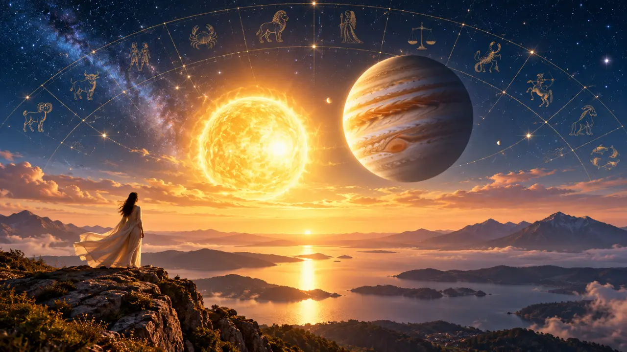 Pessoa observa o Sol e Júpiter sob céu astrológico em cena de expansão e novas oportunidades