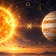 Sol e Júpiter em destaque sob céu astrológico simbolizam expansão, confiança e oportunidades