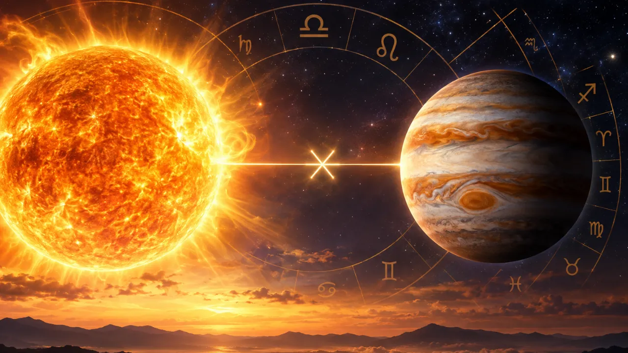 Sol e Júpiter em destaque sob céu astrológico simbolizam expansão, confiança e oportunidades