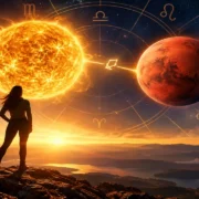 Pessoa observa representação do Sol e de Marte sob céu astrológico, simbolizando iniciativa e ação estratégica