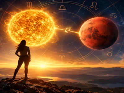 Pessoa observa representação do Sol e de Marte sob céu astrológico, simbolizando iniciativa e ação estratégica