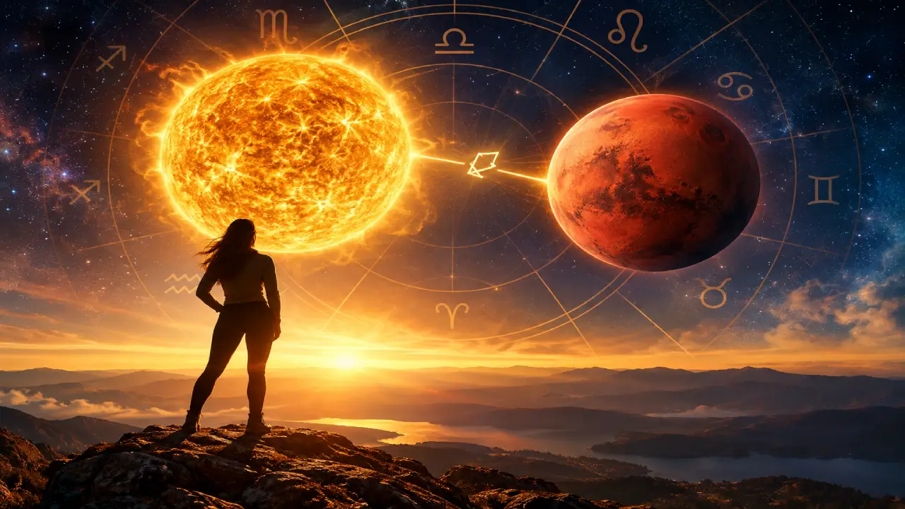 Pessoa observa representação do Sol e de Marte sob céu astrológico, simbolizando iniciativa e ação estratégica