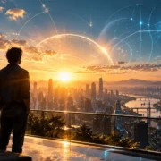 Homem observa cidade futurista ao amanhecer enquanto Sol e Urano simbolizam inovação, criatividade e novas possibilidades
