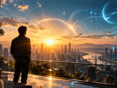 Homem observa cidade futurista ao amanhecer enquanto Sol e Urano simbolizam inovação, criatividade e novas possibilidades