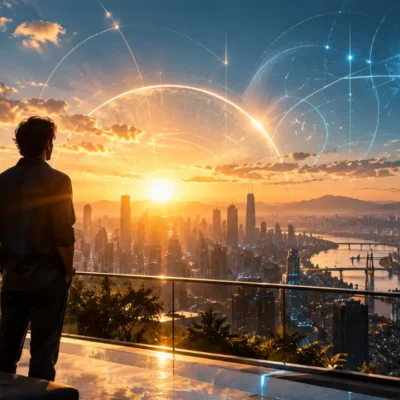 Homem observa cidade futurista ao amanhecer enquanto Sol e Urano simbolizam inovação, criatividade e novas possibilidades