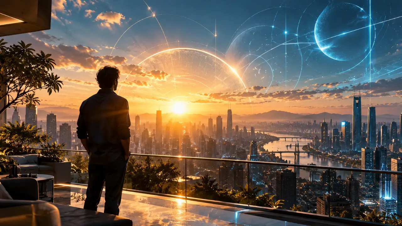 Homem observa cidade futurista ao amanhecer enquanto Sol e Urano simbolizam inovação, criatividade e novas possibilidades Homem observa cidade futurista ao amanhecer enquanto Sol e Urano simbolizam inovação, criatividade e novas possibilidades