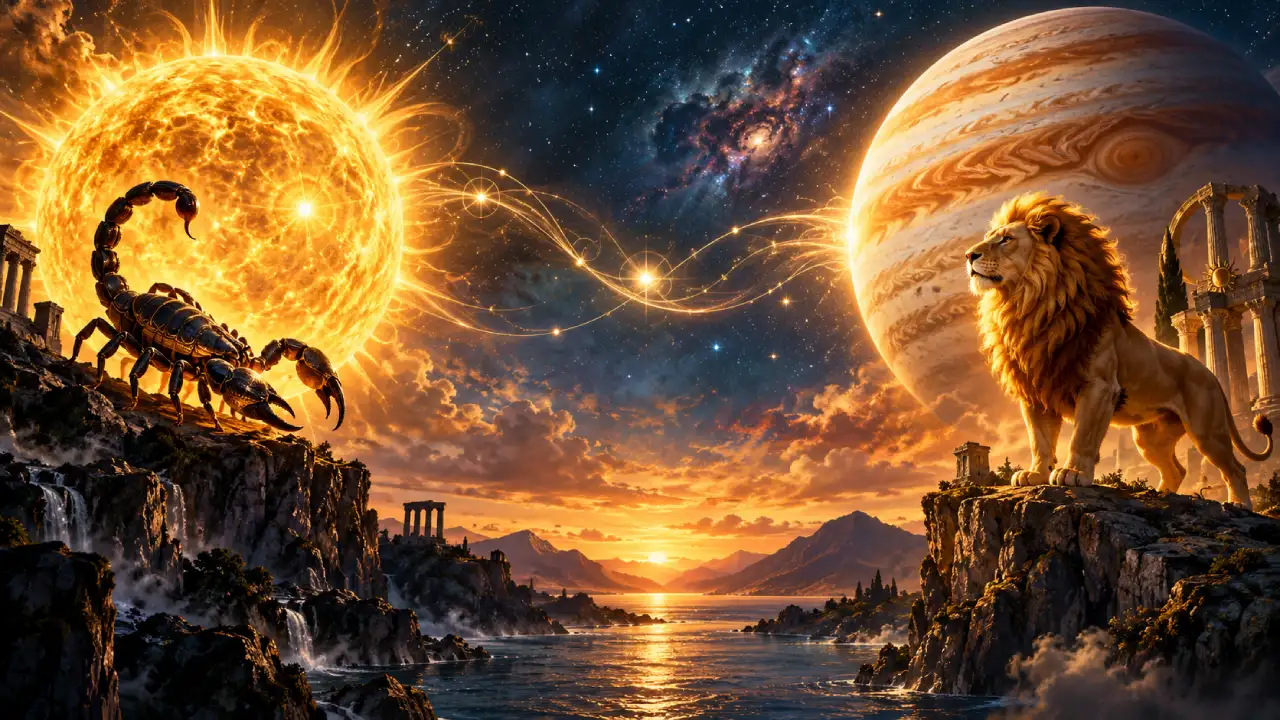 Sol em Escorpião e Júpiter em Leão simbolizam estratégia, confiança, criatividade e expansão com propósito Sol em Escorpião e Júpiter em Leão simbolizam estratégia, confiança, criatividade e expansão com propósito