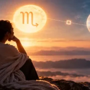 Mulher observa o céu com Sol em Escorpião e Netuno em Áries, simbolizando sensibilidade, dúvida e necessidade de clareza