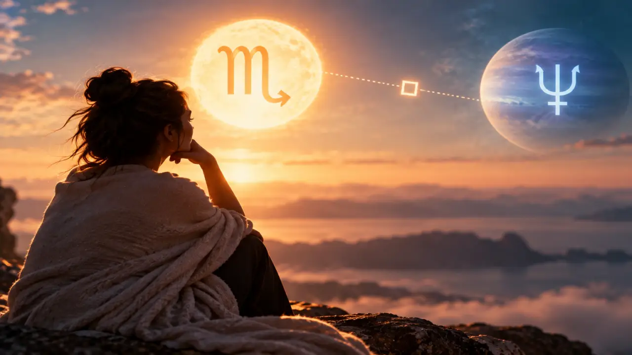 Mulher observa o céu com Sol em Escorpião e Netuno em Áries, simbolizando sensibilidade, dúvida e necessidade de clareza