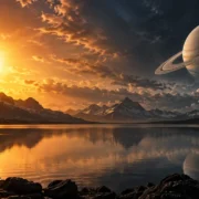 Sol e planeta com anéis em lados opostos do céu sobre montanhas e lago