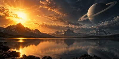 Sol e planeta com anéis em lados opostos do céu sobre montanhas e lago