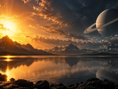 Sol e planeta com anéis em lados opostos do céu sobre montanhas e lago
