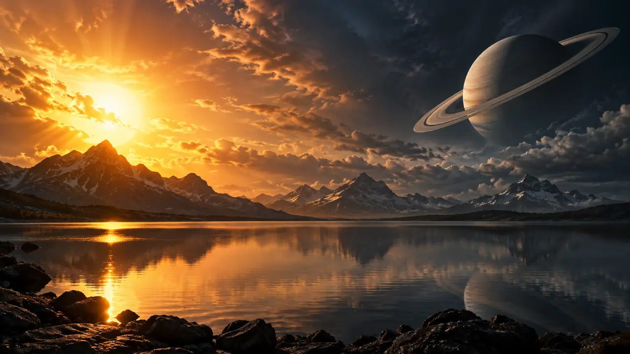Sol e planeta com anéis em lados opostos do céu sobre montanhas e lago