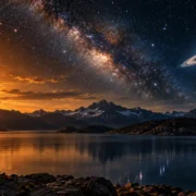 Sol e Saturno em lados opostos do céu sobre lago e montanhas