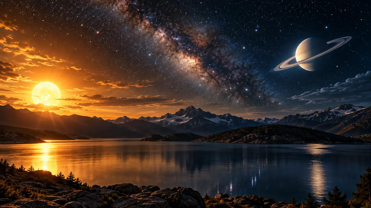 Sol e Saturno em lados opostos do céu sobre lago e montanhas Sol e Saturno em lados opostos do céu sobre lago e montanhas