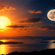 Sol e Lua em lados opostos do céu sobre montanhas e águas ao entardecer