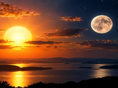 Sol e Lua em lados opostos do céu sobre montanhas e águas ao entardecer