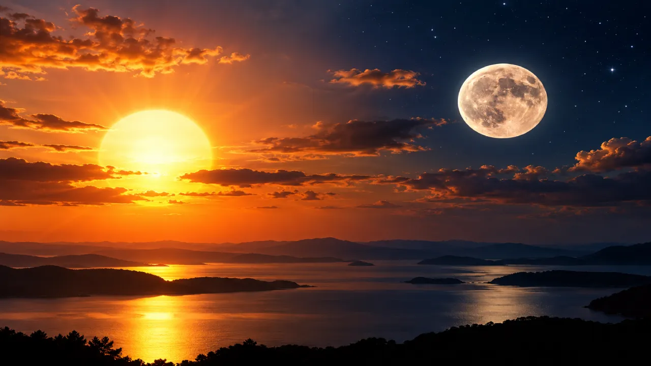 Sol e Lua em lados opostos do céu sobre montanhas e águas ao entardecer Sol e Lua em lados opostos do céu sobre montanhas e águas ao entardecer