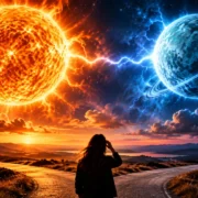 Pessoa observa céu dividido entre Sol e Urano em representação de mudanças e imprevistos