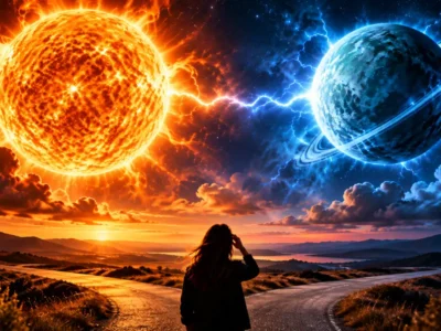 Pessoa observa céu dividido entre Sol e Urano em representação de mudanças e imprevistos