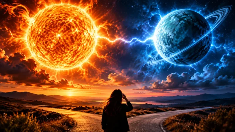 Pessoa observa céu dividido entre Sol e Urano em representação de mudanças e imprevistos