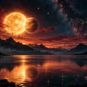 Sol e Vênus em Escorpião aparecem juntos sobre paisagem noturna, simbolizando revisão de amor, desejo, autoestima e valores