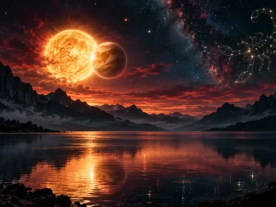 Sol e Vênus em Escorpião aparecem juntos sobre paisagem noturna, simbolizando revisão de amor, desejo, autoestima e valores