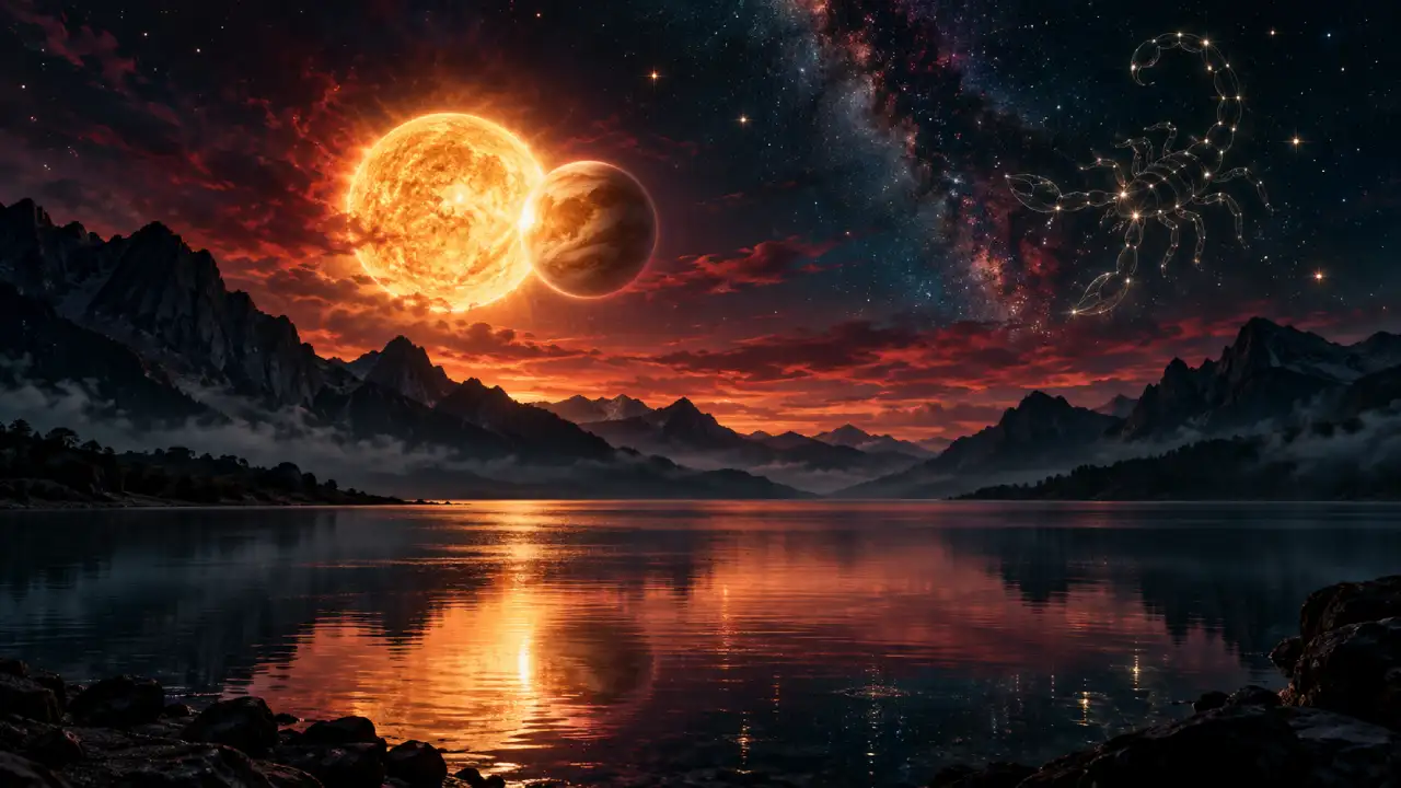 Sol e Vênus em Escorpião aparecem juntos sobre paisagem noturna, simbolizando revisão de amor, desejo, autoestima e valores