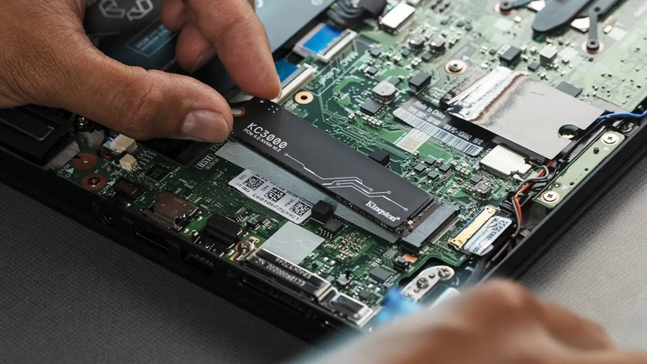 SSD NVMe instalado em uma placa-mãe de computador, ilustrando os efeitos da falta de espaço no armazenamento.