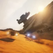 Veículos futuristas disputam corrida em circuito de Star Wars: Galactic Racer.