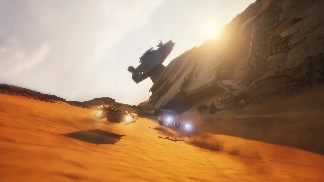 Veículos futuristas disputam corrida em circuito de Star Wars: Galactic Racer.