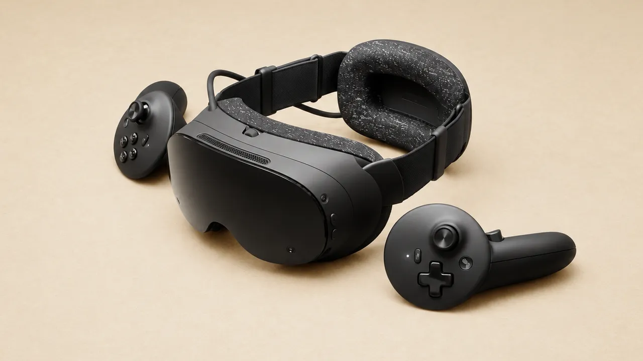 Headset de realidade virtual Steam Frame, da Valve, com controles e acessórios de conexão sem fio.