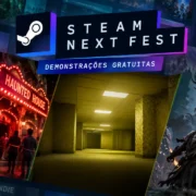 Arte ilustrativa do Steam Next Fest com três cenários de jogos: uma casa mal-assombrada com palhaço assustador, corredores misteriosos das Backrooms e um guerreiro enfrentando uma criatura monstruosa.