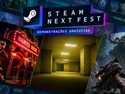 Arte ilustrativa do Steam Next Fest com três cenários de jogos: uma casa mal-assombrada com palhaço assustador, corredores misteriosos das Backrooms e um guerreiro enfrentando uma criatura monstruosa.