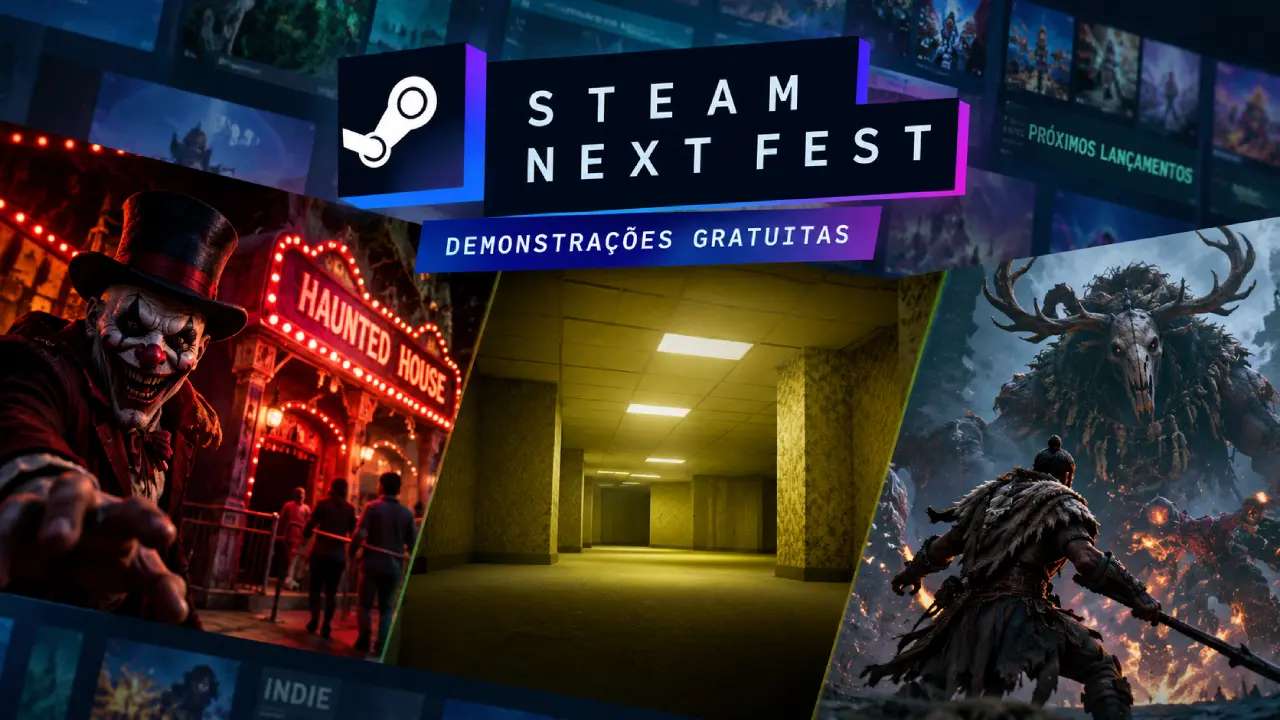 Arte ilustrativa do Steam Next Fest com três cenários de jogos: uma casa mal-assombrada com palhaço assustador, corredores misteriosos das Backrooms e um guerreiro enfrentando uma criatura monstruosa.