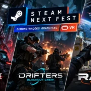 Arte ilustrativa do Steam Next Fest 2026 com três jogos de realidade virtual: Rustmourne, com criatura monstruosa; DRIFTERS: Blackout Crew, com combate cooperativo; e RAID VR, com fiscalização de cargas espaciais.