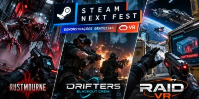 Arte ilustrativa do Steam Next Fest 2026 com três jogos de realidade virtual: Rustmourne, com criatura monstruosa; DRIFTERS: Blackout Crew, com combate cooperativo; e RAID VR, com fiscalização de cargas espaciais.