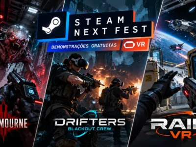 Arte ilustrativa do Steam Next Fest 2026 com três jogos de realidade virtual: Rustmourne, com criatura monstruosa; DRIFTERS: Blackout Crew, com combate cooperativo; e RAID VR, com fiscalização de cargas espaciais.