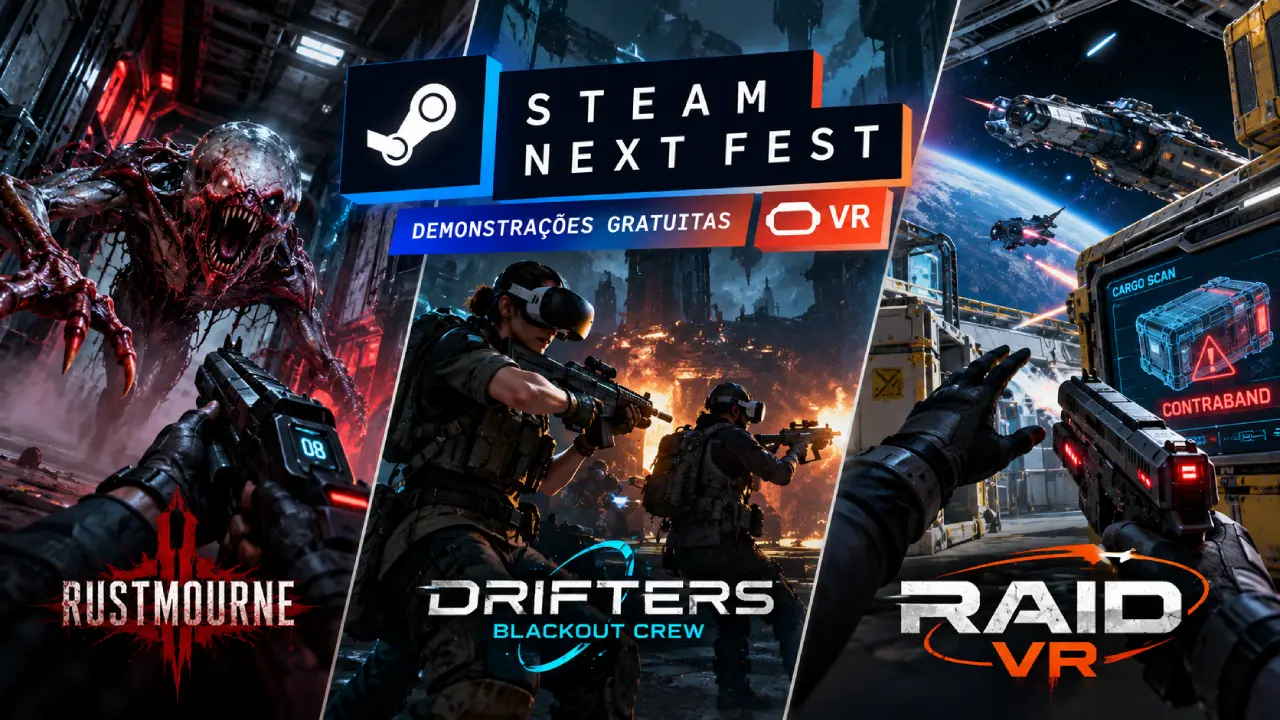 Arte ilustrativa do Steam Next Fest 2026 com três jogos de realidade virtual: Rustmourne, com criatura monstruosa; DRIFTERS: Blackout Crew, com combate cooperativo; e RAID VR, com fiscalização de cargas espaciais.