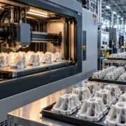 Impressora 3D industrial produz peças plásticas em série, enquanto engenheiros acompanham a fabricação em uma instalação tecnológica.