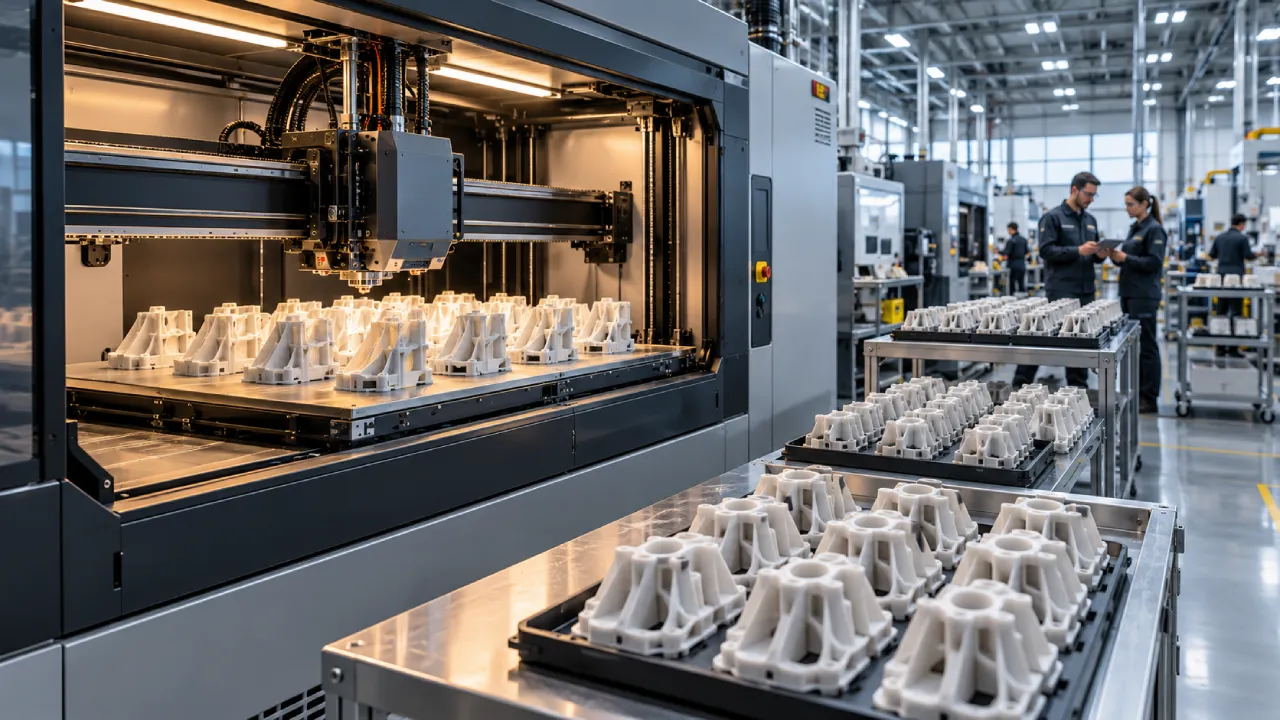 Impressora 3D industrial produz peças plásticas em série, enquanto engenheiros acompanham a fabricação em uma instalação tecnológica.