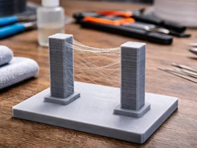 Duas torres de teste impressas em 3D apresentam fios finos de plástico entre elas, defeito conhecido como stringing.