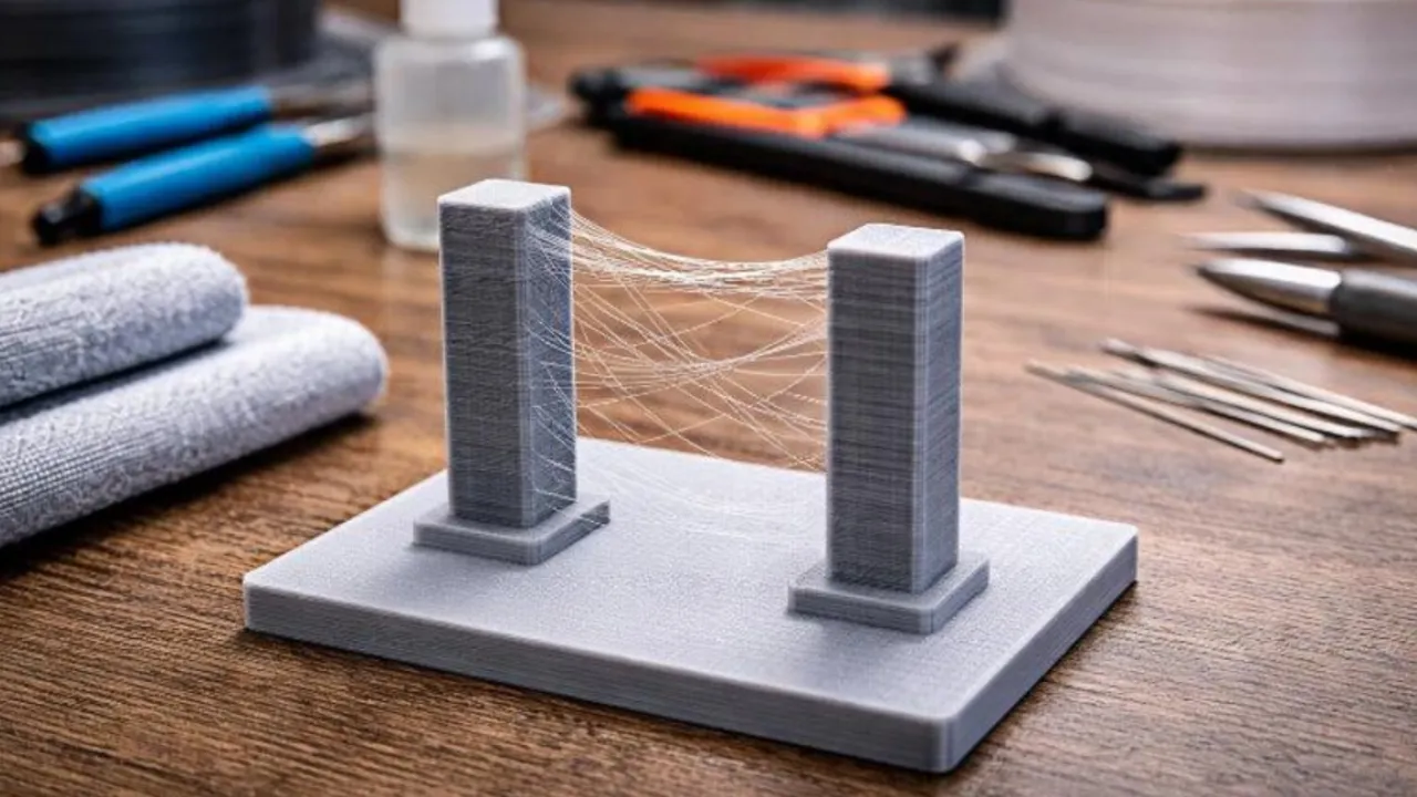 Duas torres de teste impressas em 3D apresentam fios finos de plástico entre elas, defeito conhecido como stringing. Duas torres de teste impressas em 3D apresentam fios finos de plástico entre elas, defeito conhecido como stringing.