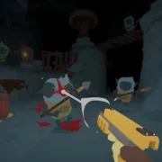 Cena de SULFUR mostra uma pistola amarela apontada para criaturas armadas em uma masmorra escura, durante combate em primeira pessoa.