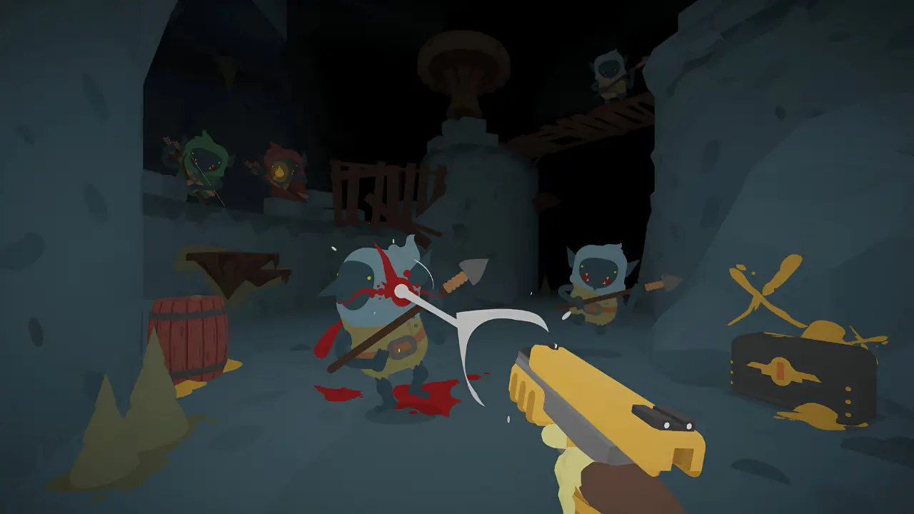 Cena de SULFUR mostra uma pistola amarela apontada para criaturas armadas em uma masmorra escura, durante combate em primeira pessoa. Cena de SULFUR mostra uma pistola amarela apontada para criaturas armadas em uma masmorra escura, durante combate em primeira pessoa.
