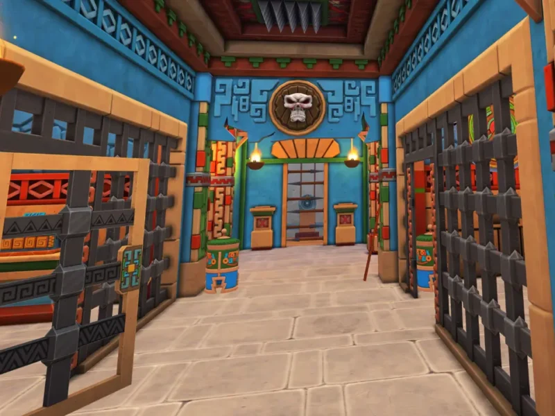 Cenário de Sunstone of Time com templo inspirado na civilização asteca em jogo de realidade virtual.