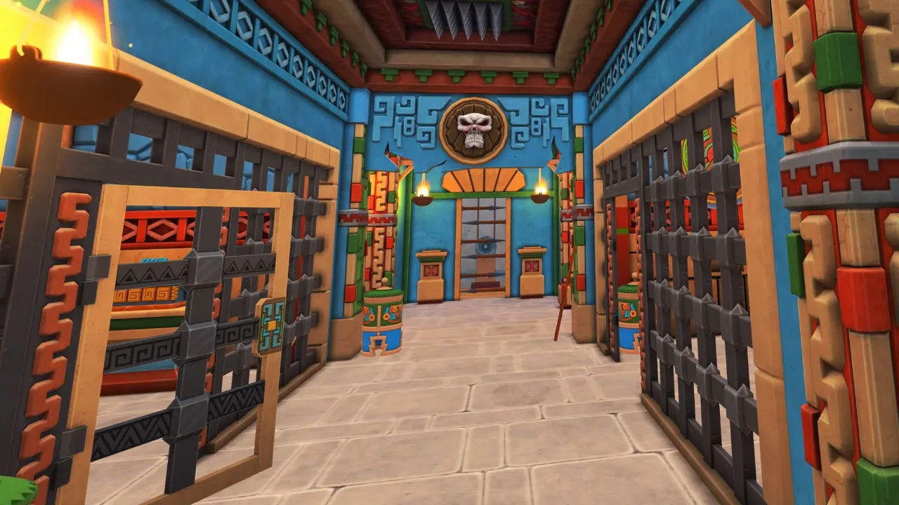Cenário de Sunstone of Time com templo inspirado na civilização asteca em jogo de realidade virtual.