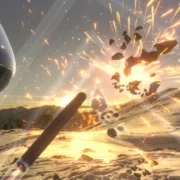 Cena de exercício em realidade virtual mostra alvos flutuantes, partículas luminosas e um bastão virtual diante de uma paisagem montanhosa.