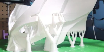Estrutura impressa em 3D utilizando suportes orgânicos em formato de árvore, com ramificações que sustentam o modelo.