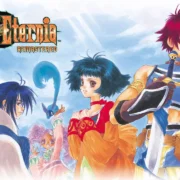 Personagens Reid Hershel, Farah Oersted e Meredy na arte promocional de Tales of Eternia Remastered.